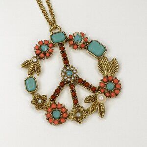 Vintage Style-Peace Sign Necklace-Gold Tone-Flowers Rhinestones Boho-J034
